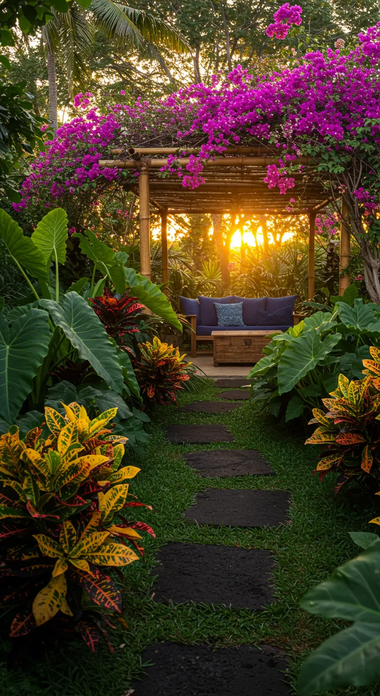 Pérgola de bambú cubierta de buganvillas fucsias al atardecer en un jardín tropical exuberante.