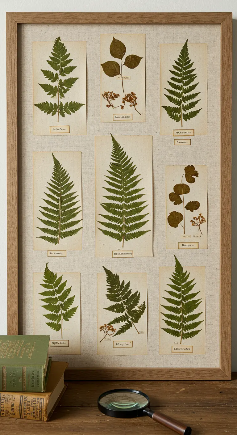 Colección de nueve helechos prensados, cada uno en su tarjeta, sobre un fondo de lino enmarcado.