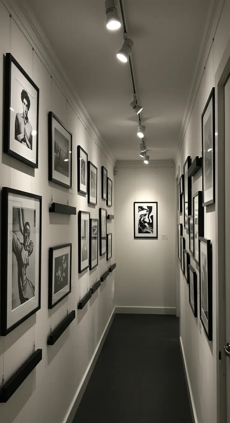 Pasillo convertido en galería de arte con cuadros en blanco y negro sobre repisas delgadas.