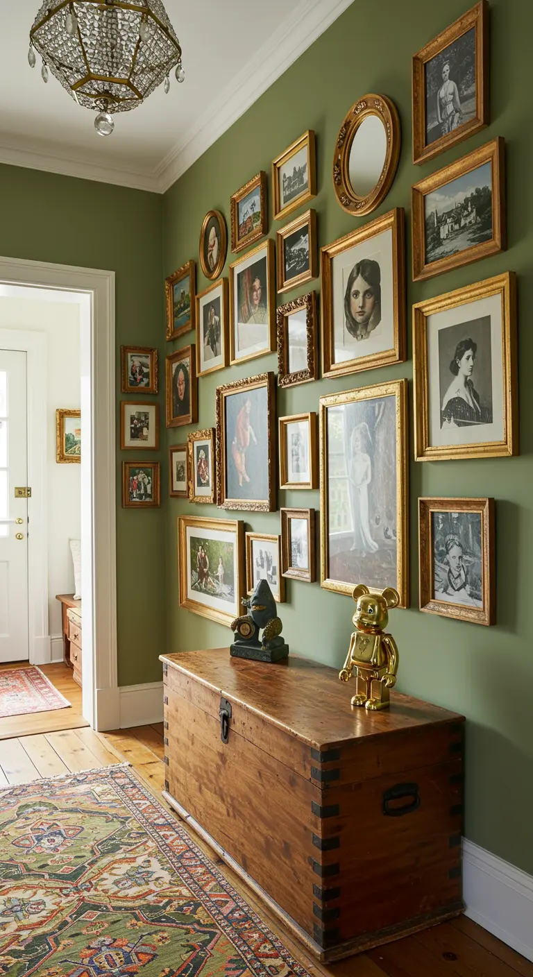 Pared verde olivo con una galería de cuadros con marcos dorados.