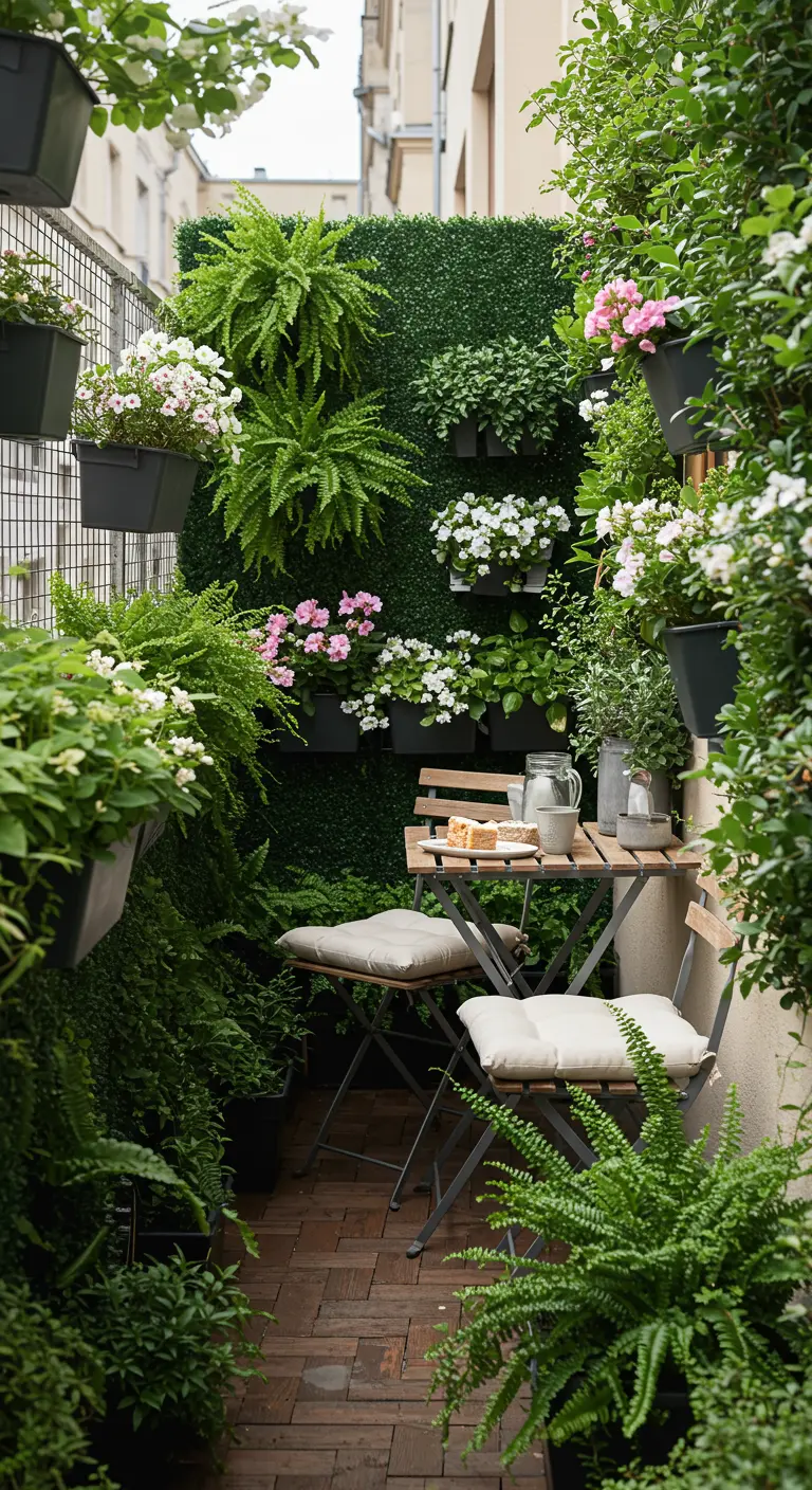 Balcón pequeño y frondoso con un jardín vertical lleno de plantas y flores