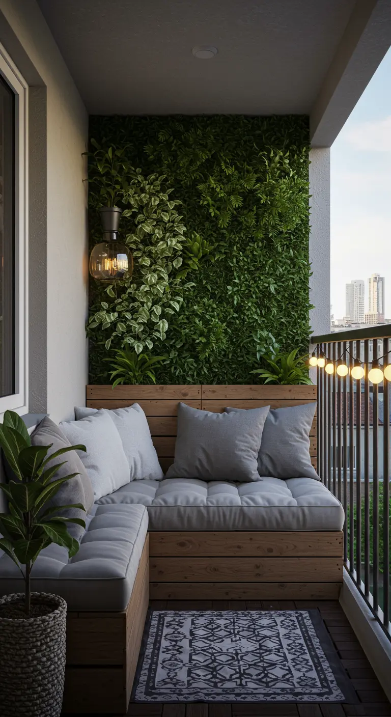 Balcón pequeño con un banco de madera en L, cojines grises y una pared cubierta de plantas