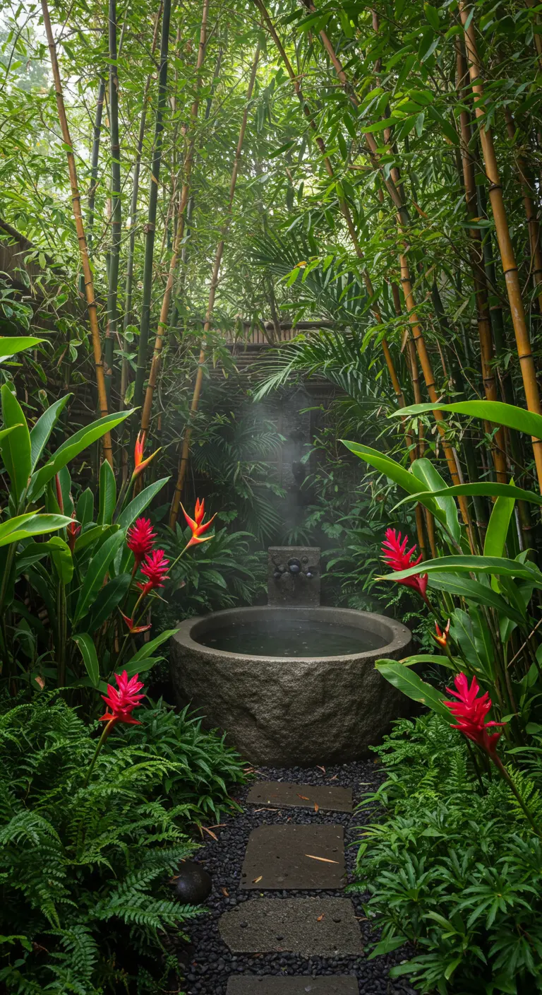 Bañera de piedra al aire libre en un rincón íntimo rodeado de un denso bosque de bambú y flores rojas.