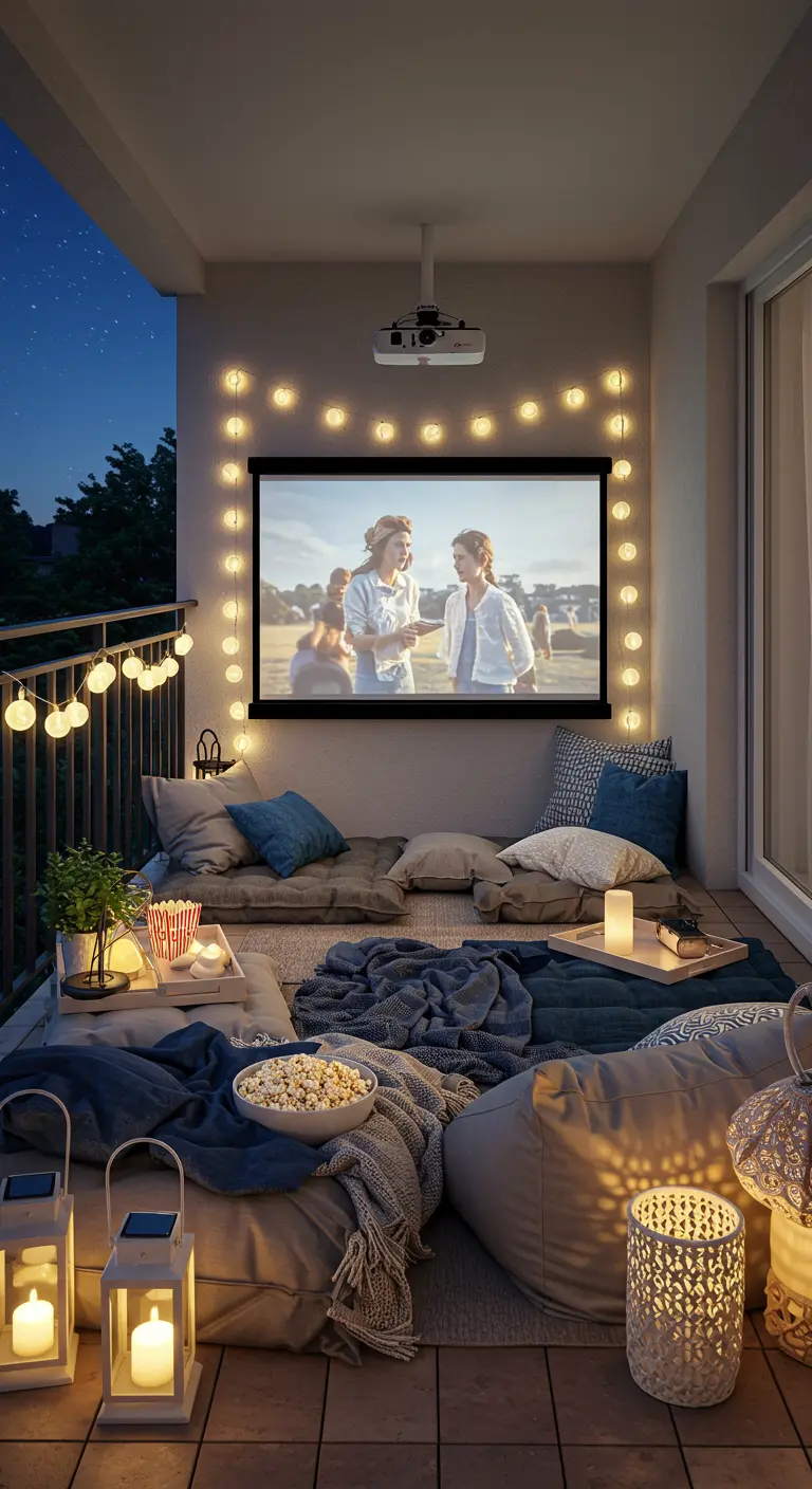 Balcón convertido en cine al aire libre por la noche, con proyector y cojines en el suelo.