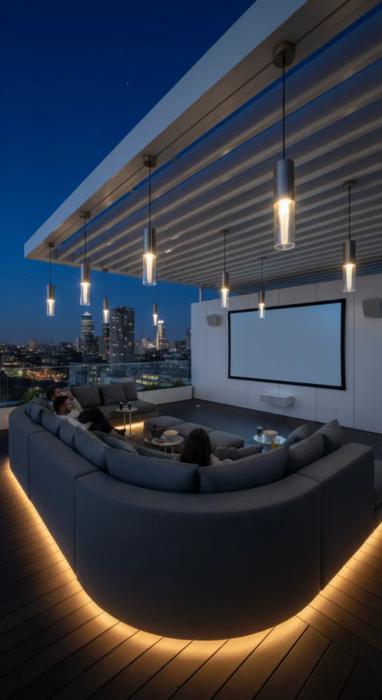 Azotea de noche con un gran sofá curvo, pantalla de cine y luces LED bajo el sofá