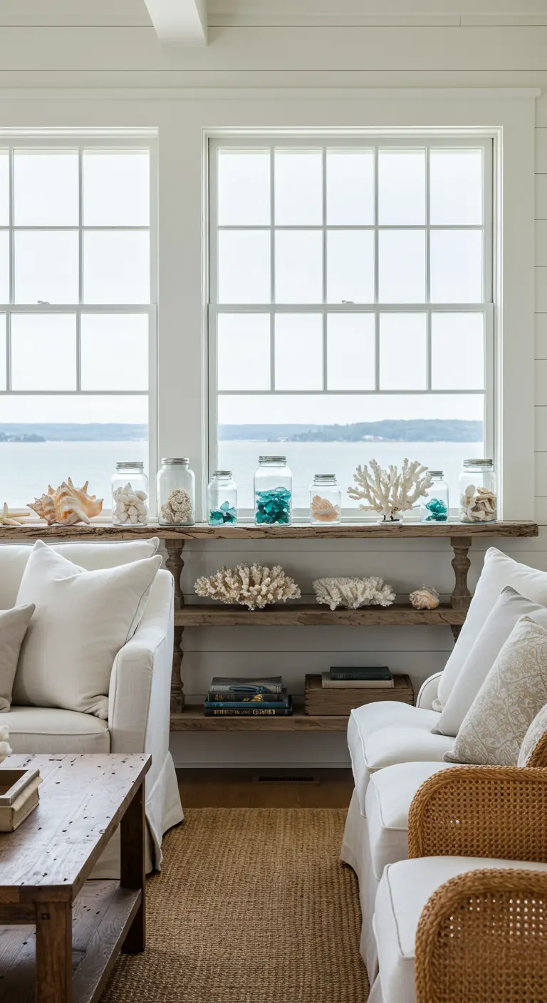 Larga estantería rústica frente a una ventana, decorada con frascos y corales.