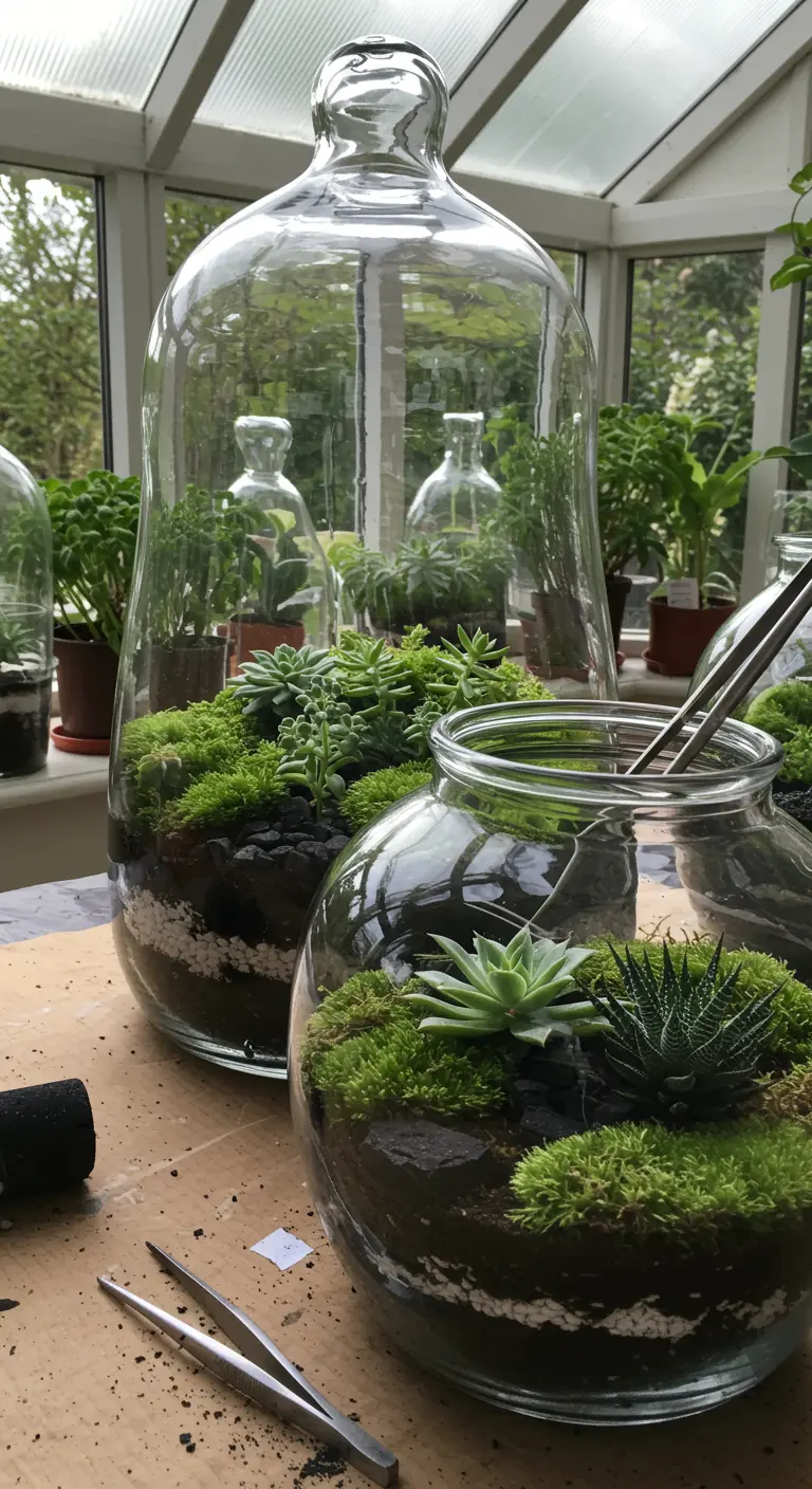 Terrarios en grandes frascos de vidrio con capas de tierra, musgo y suculentas variadas.