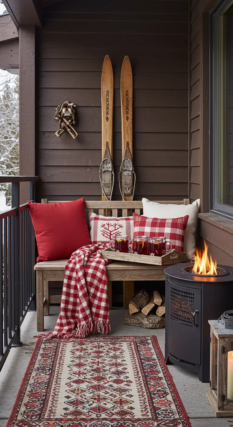 Balcón con decoración de cabaña de esquí, con esquís antiguos y una manta de cuadros rojos.