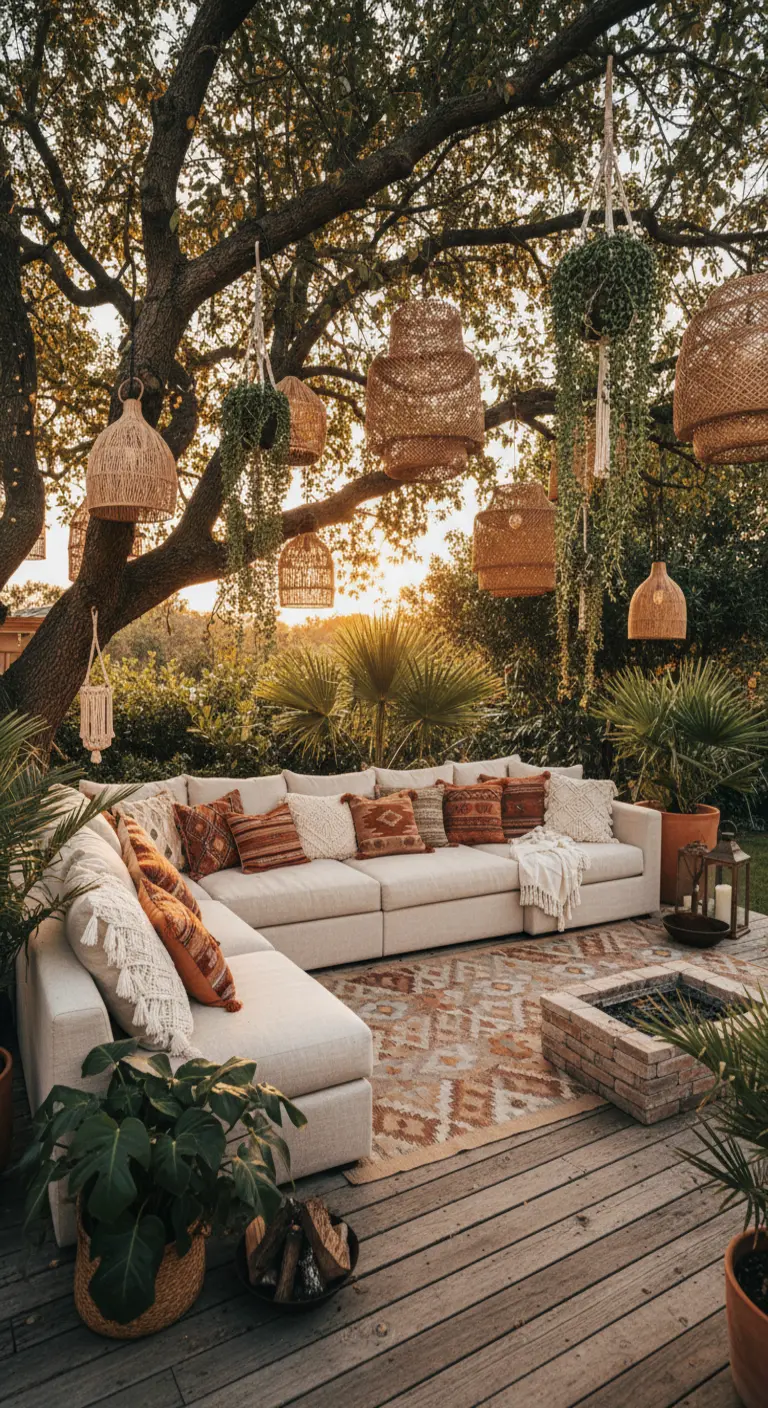 Patio bohemio bajo un árbol con sofá modular blanco, cojines étnicos y lámparas de mimbre colgantes