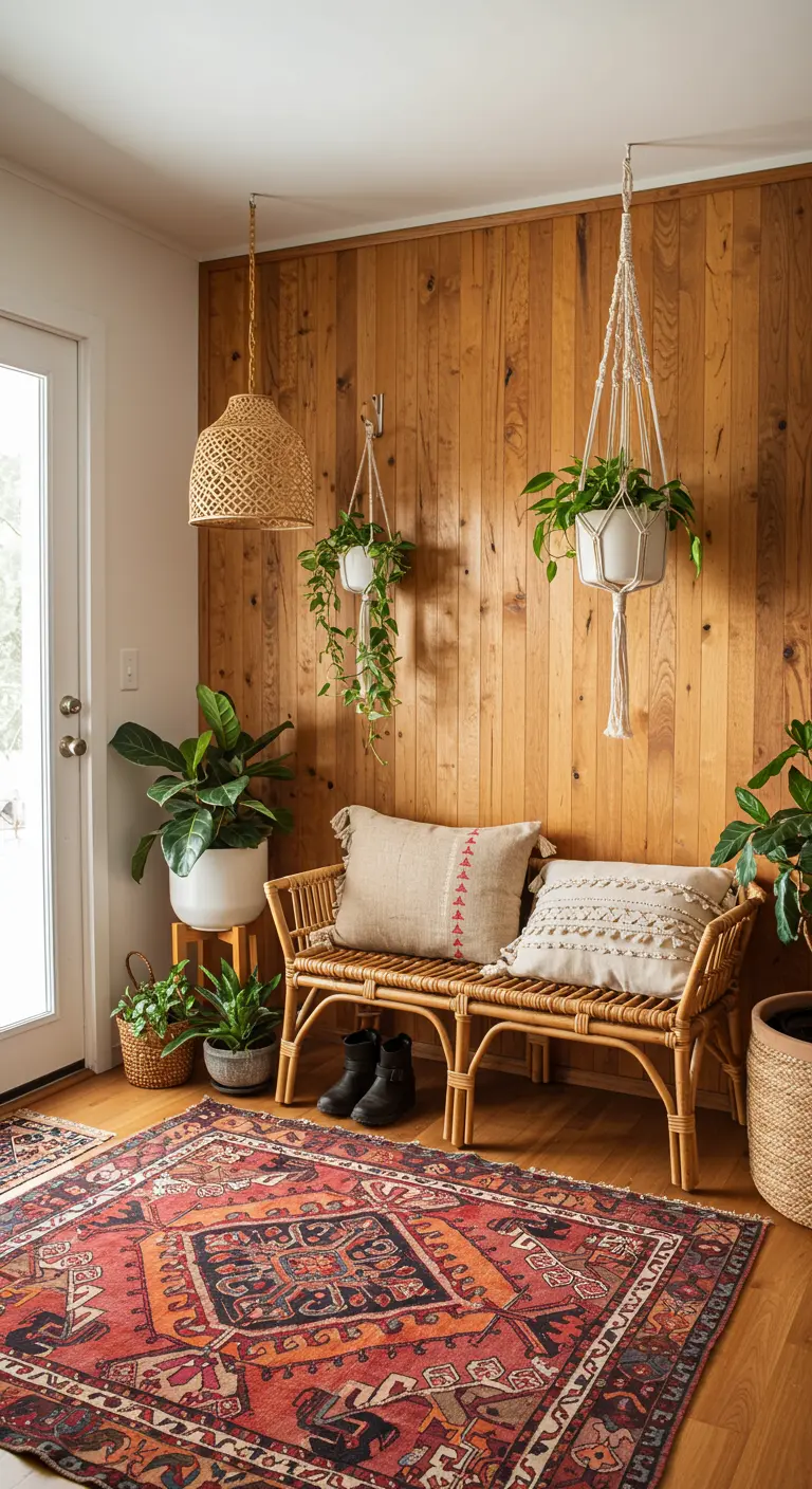 Recibidor de estilo boho con pared de madera, banco de ratán, plantas colgantes y alfombra étnica