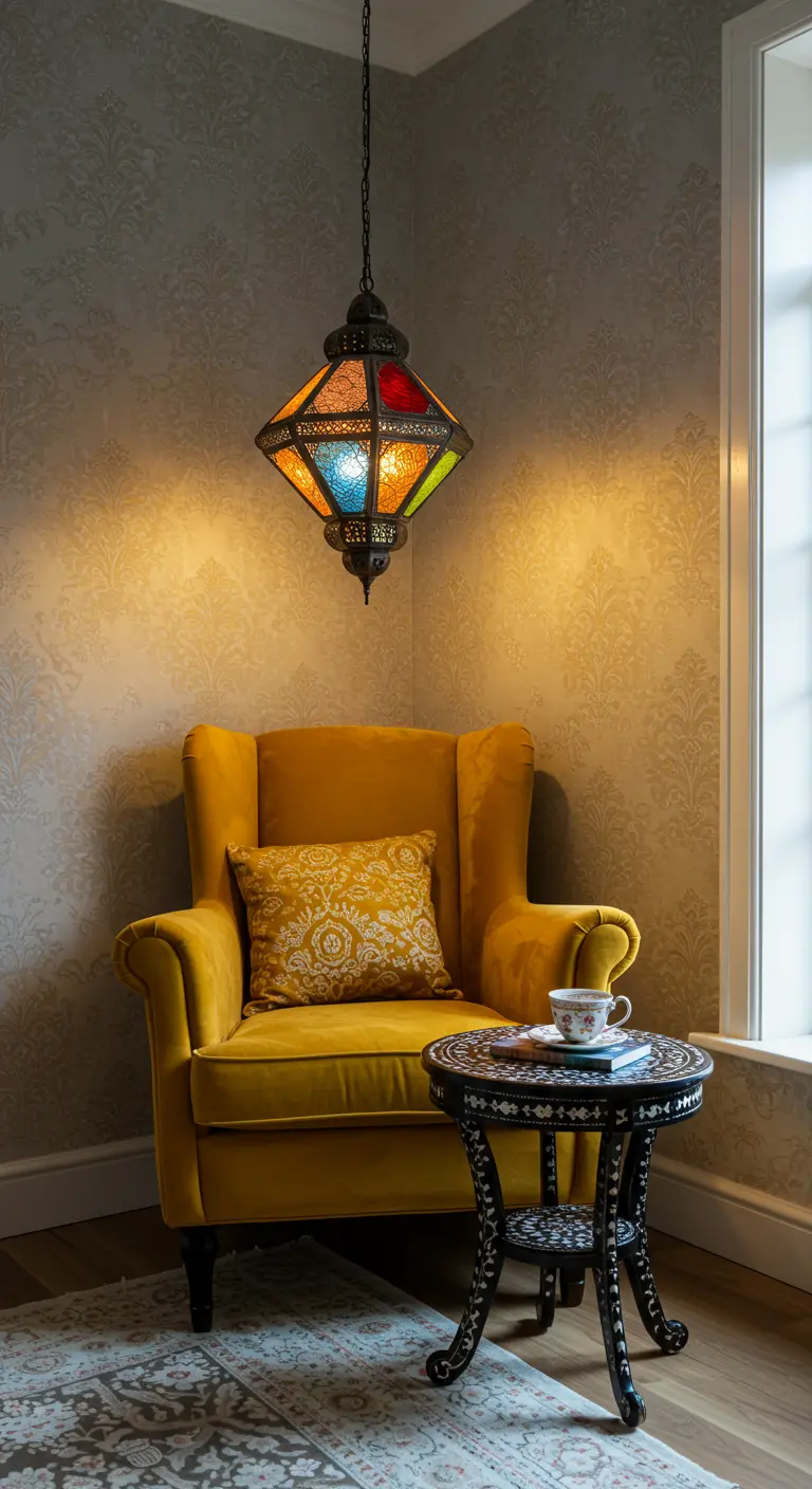 Rincón de lectura con una butaca amarilla y un farol colgante de vidrios de colores