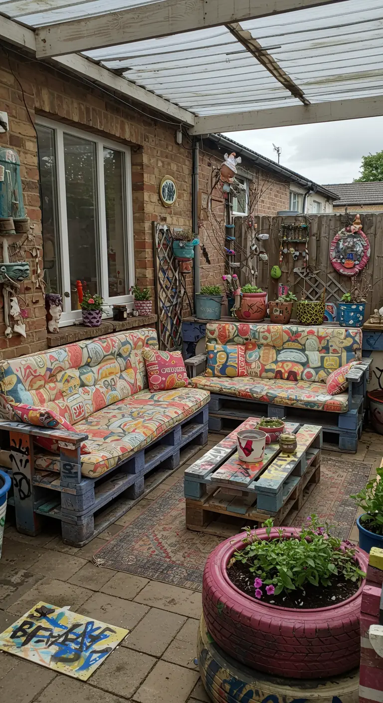 Patio ecléctico con sofás de palets azulados, cojines estampados y una decoración artística y reciclada.