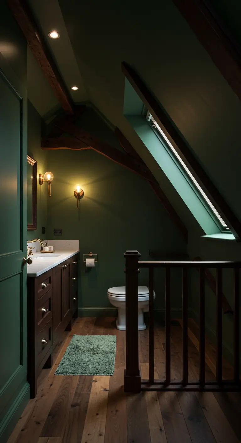 Baño en un ático con paredes verdes, vigas de madera vistas y luces cálidas.