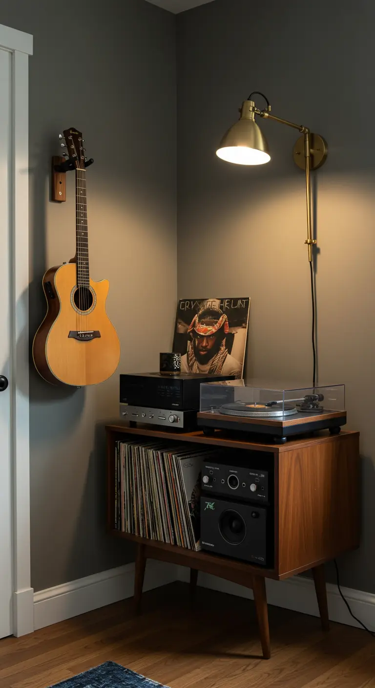 Rincón de música con un tocadiscos sobre un mueble de madera, vinilos y una guitarra colgada.