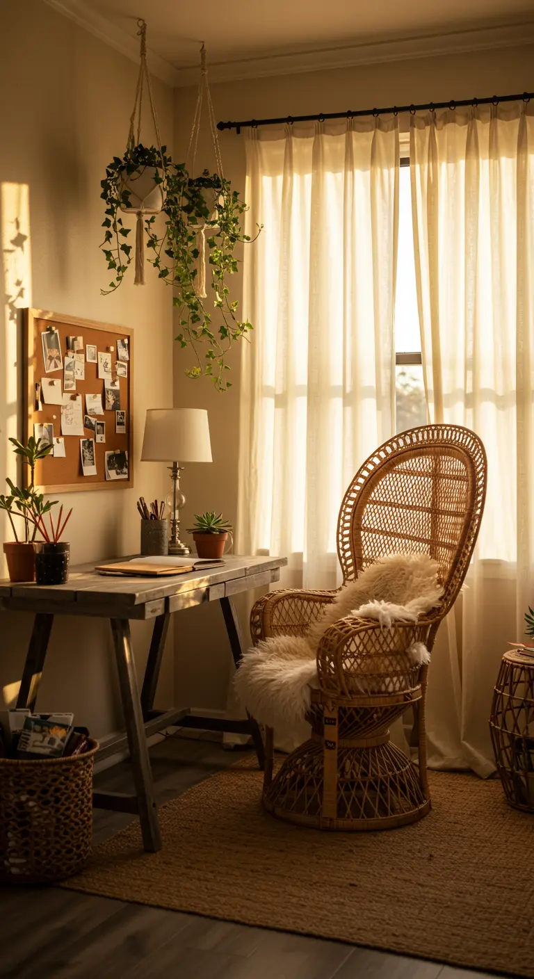 Espacio de trabajo bohemio con silla de mimbre, plantas colgantes y luz cálida del atardecer.