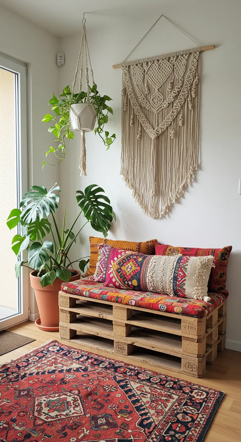Banco de palets con cojines de estilo bohemio, plantas y un tapiz de macramé en la pared.