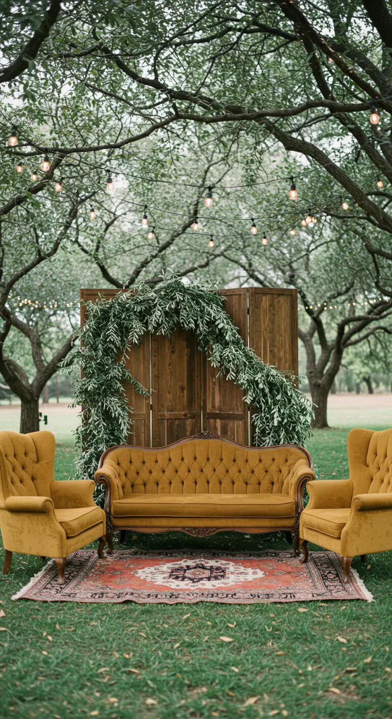 Zona de descanso al aire libre con sofá vintage y un biombo de madera decorado con una guirnalda.