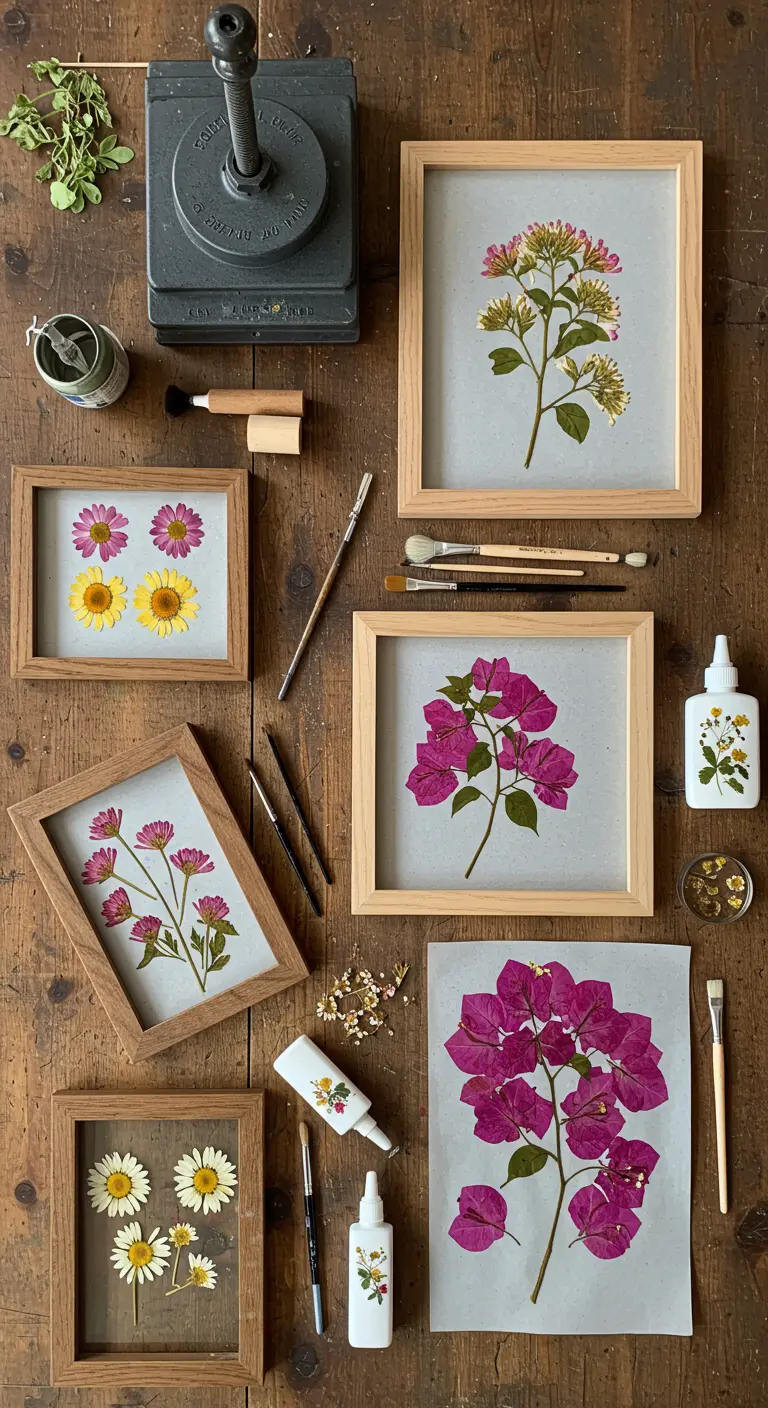 Mesa de trabajo con varios marcos de madera y flores prensadas de colores vivos listas para componer.