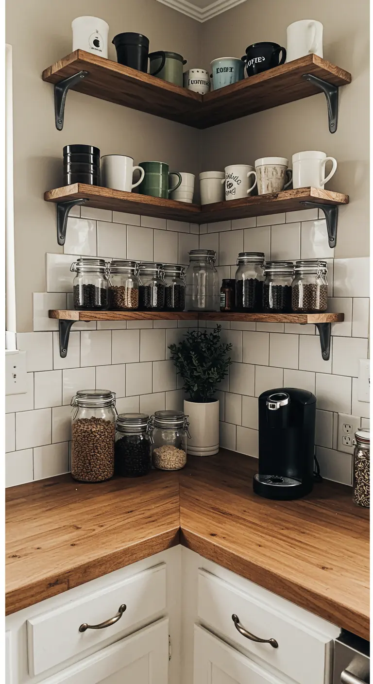 Estanterías de madera en una esquina con tazas, tarros de café y una cafetera.