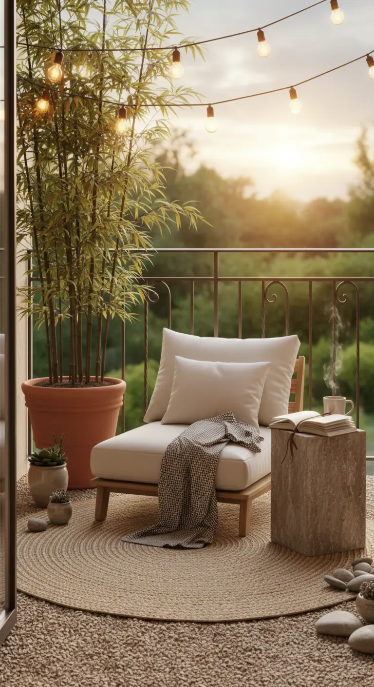 Rincón de lectura en balcón con sillón, alfombra de yute, guirnaldas de luces y bambú.