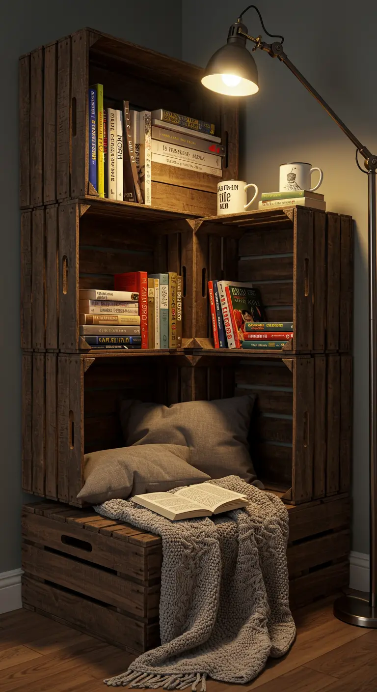 Rincón de lectura creado con cajas de madera apiladas, con libros, cojines y una lámpara.