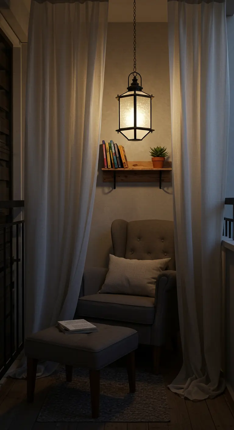 Rincón de lectura en un balcón, con cortinas, un sillón, una lámpara colgante y una balda.