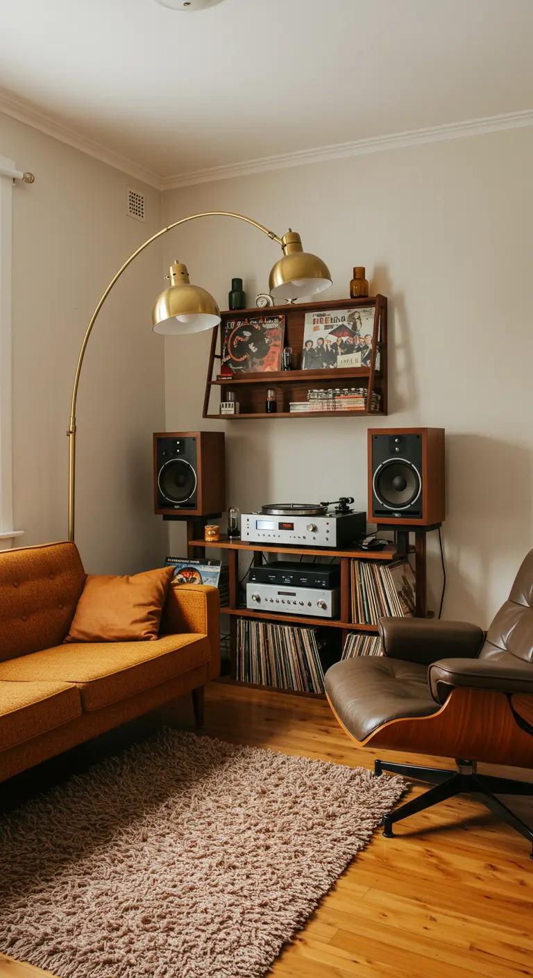 Rincón de música de estilo mid-century con estanterías para vinilos y un tocadiscos.