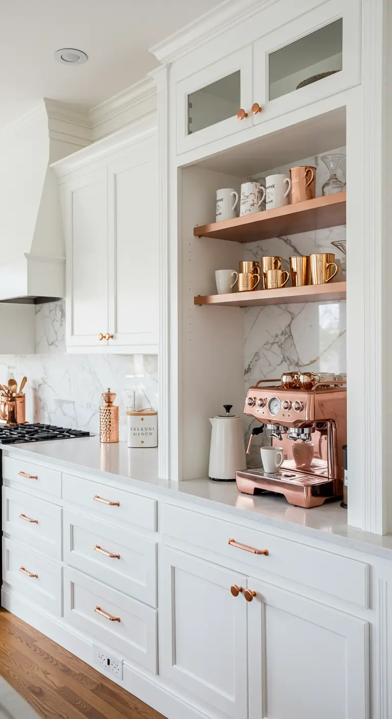 Estación de café en un nicho con máquina de espresso y tazas de cobre