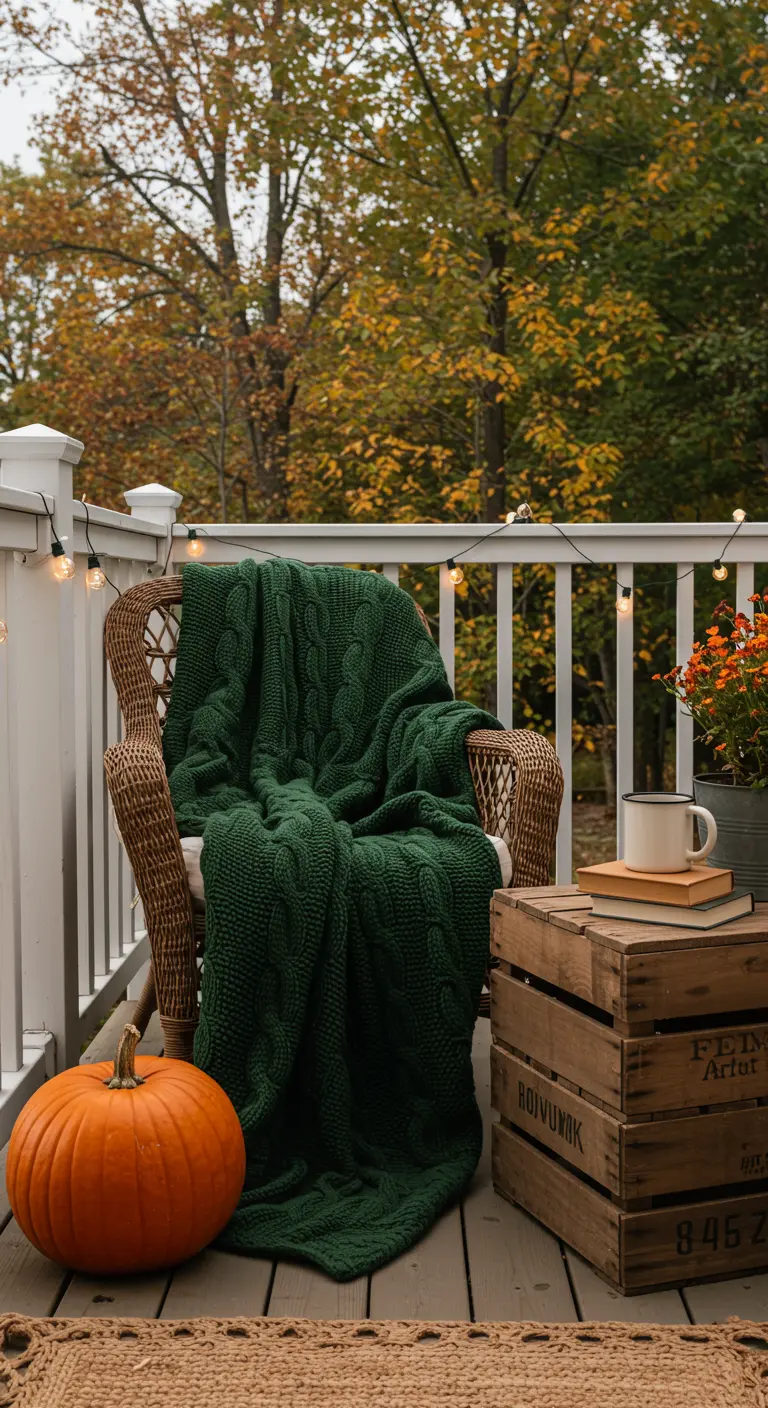 Rincón acogedor en un porche con silla de mimbre, manta de punto grueso verde y una calabaza.