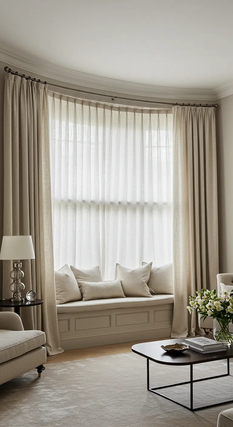 Cortinas enmarcando un asiento de ventana tipo 'bay window' en una sala de estar.