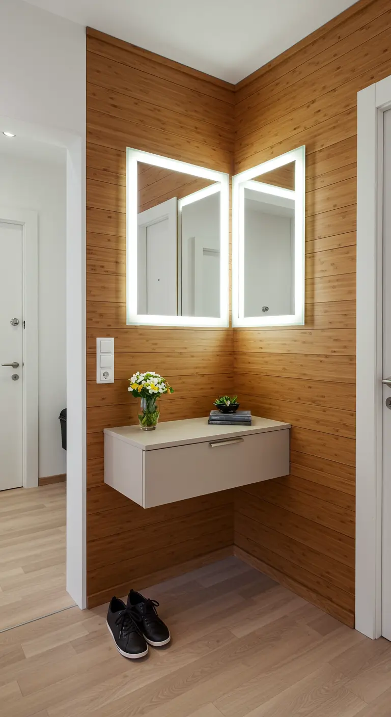 Esquina de recibidor con paredes de bambú, consola flotante y espejos con luz integrada