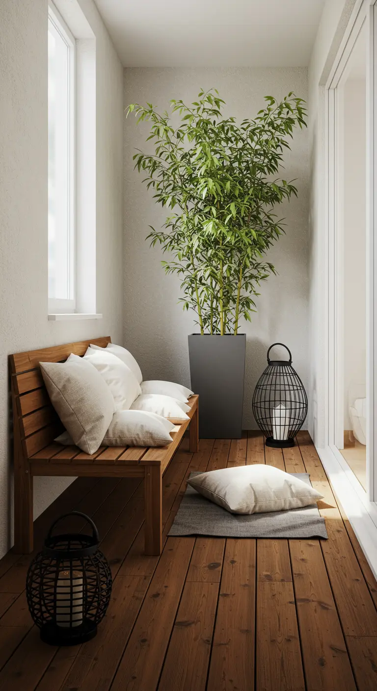 Balcón estrecho con suelo de madera, un banco con cojines blancos, bambú y farolillos negros