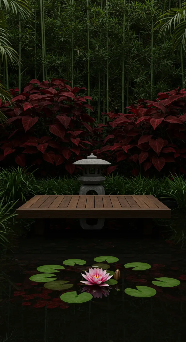Estanque zen con un nenúfar rosa, un banco de madera y una linterna de piedra frente a un bosque de bambú.