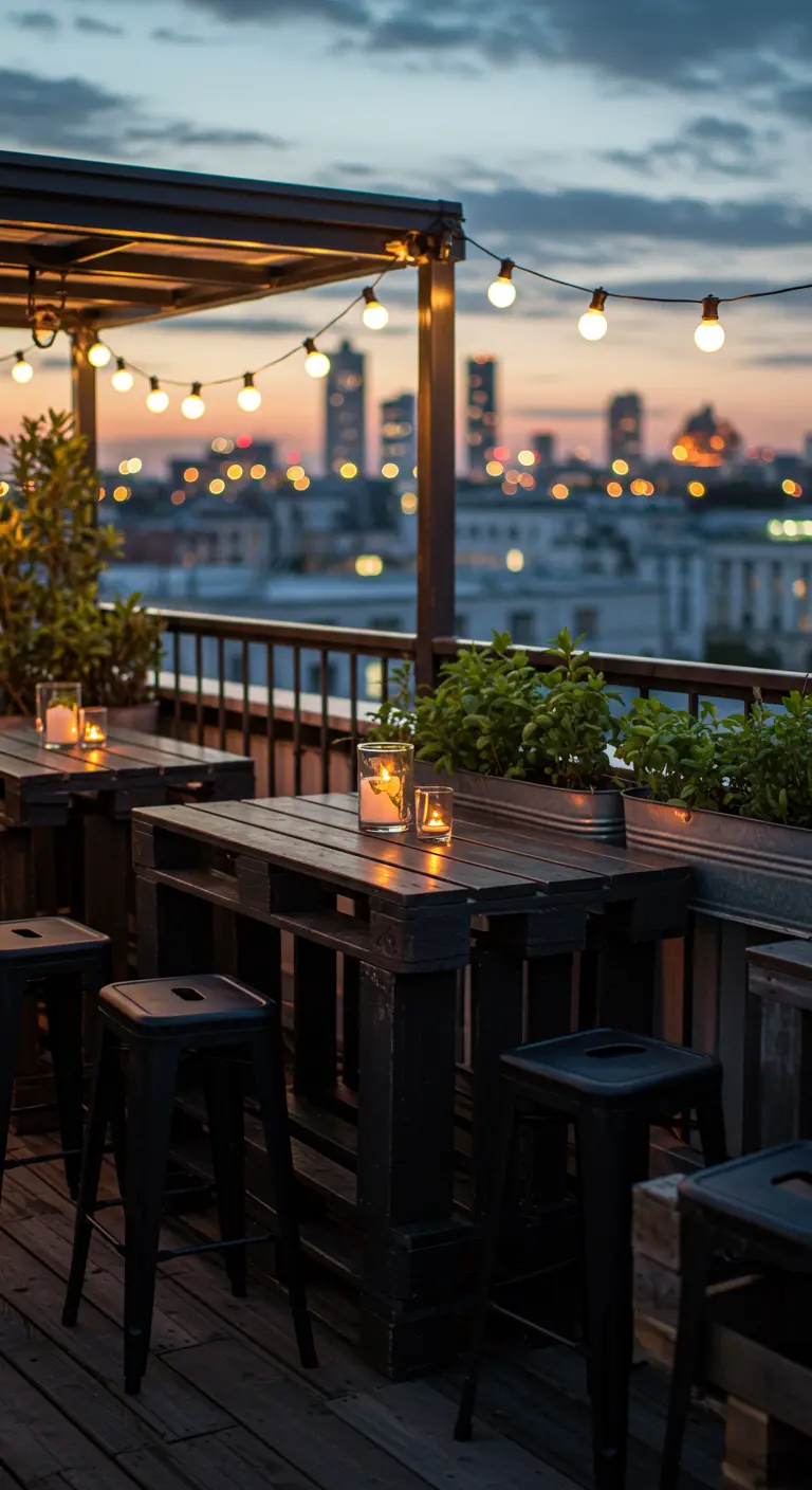 Mesas altas de palets pintados de negro en una terraza urbana al atardecer, con taburetes y luces.