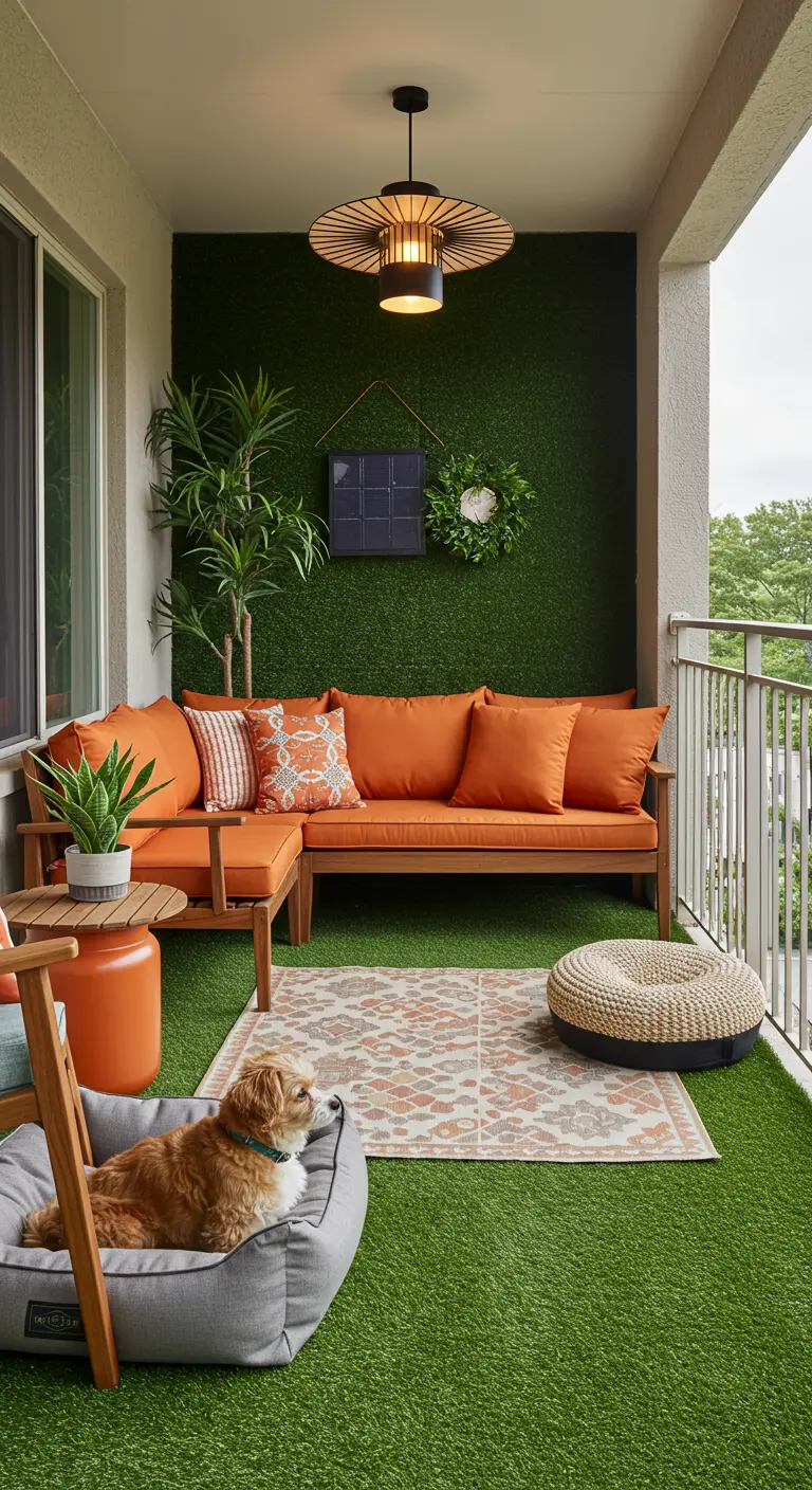Balcón acogedor con sofá de madera, cojines naranjas, alfombra estampada y césped artificial