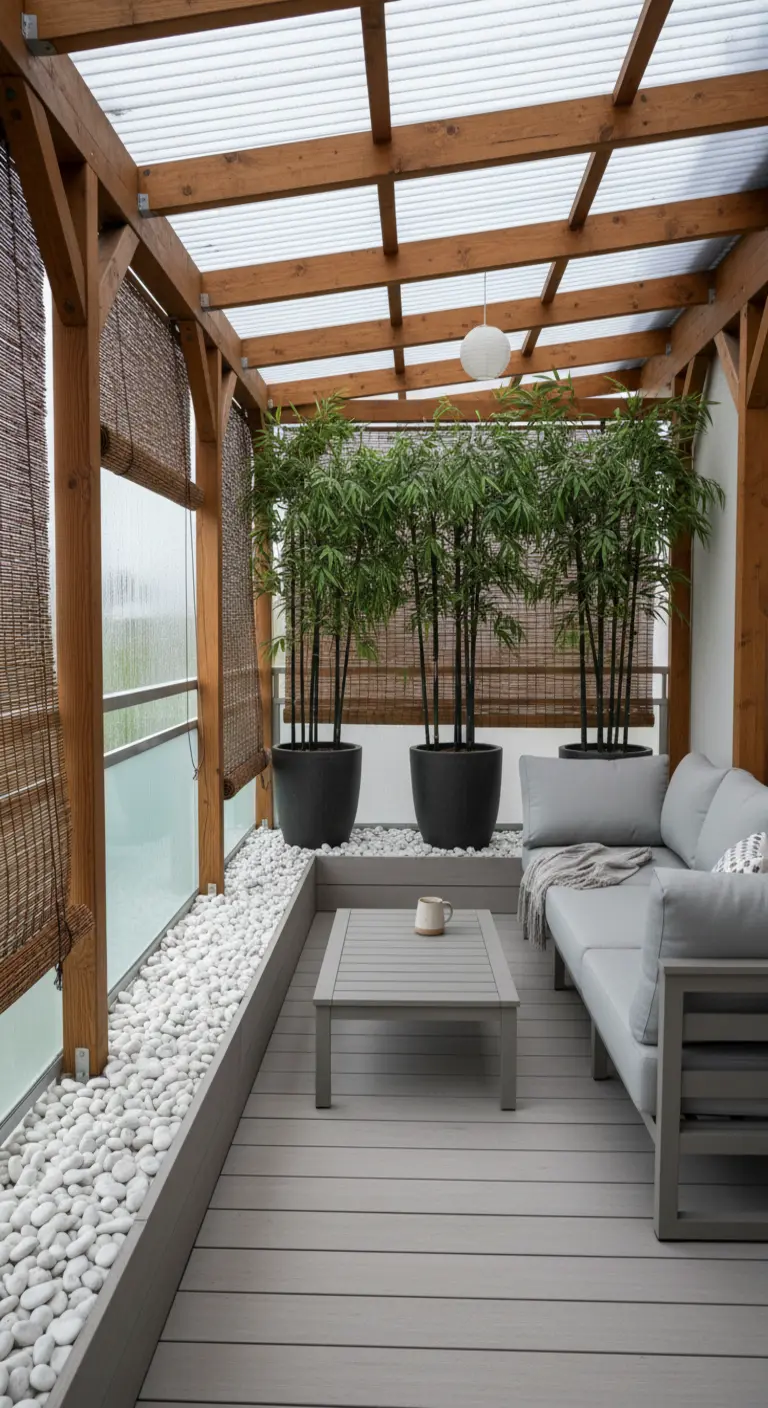 Porche cubierto con sofá gris, persianas de bambú y una franja de piedras blancas.
