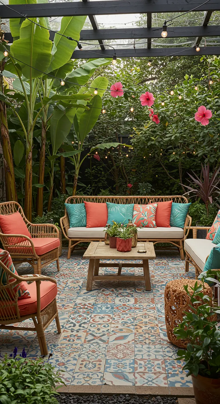 Patio con muebles de ratán y cojines de colores, suelo de baldosas hidráulicas y grandes plantas bananeras.