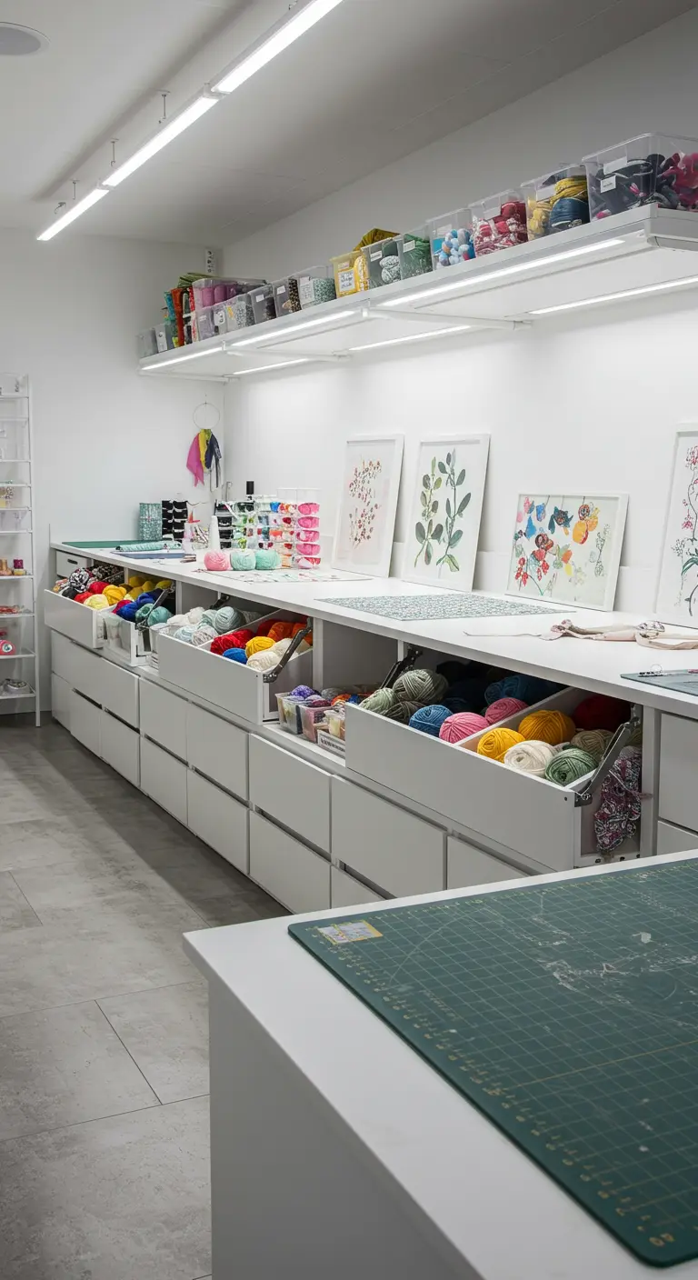 Larga mesa de trabajo en una sala de manualidades formada por módulos con cajones llenos de lanas.