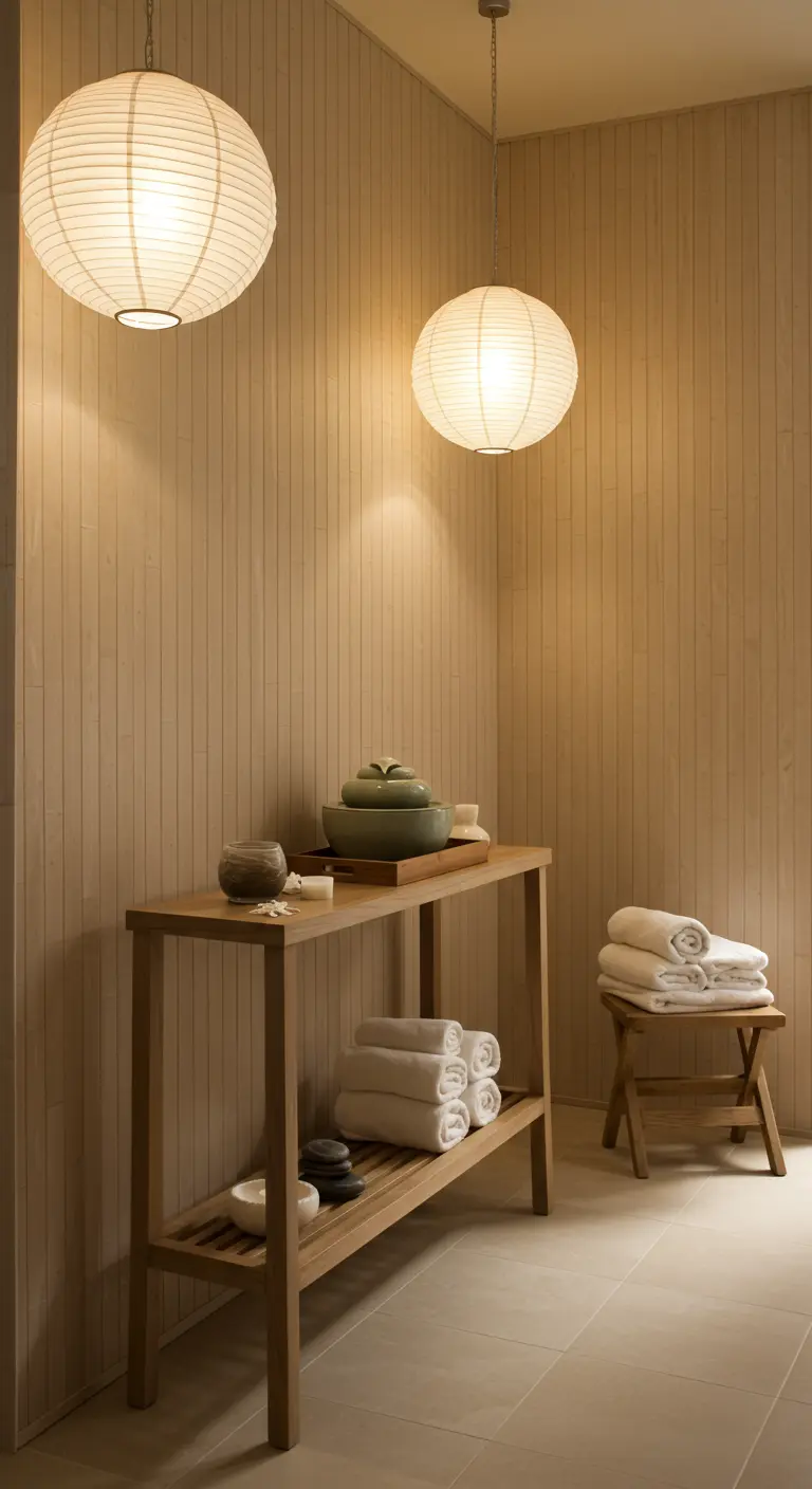 Espacio tipo spa con paredes de madera clara, lámparas de papel y una consola con toallas