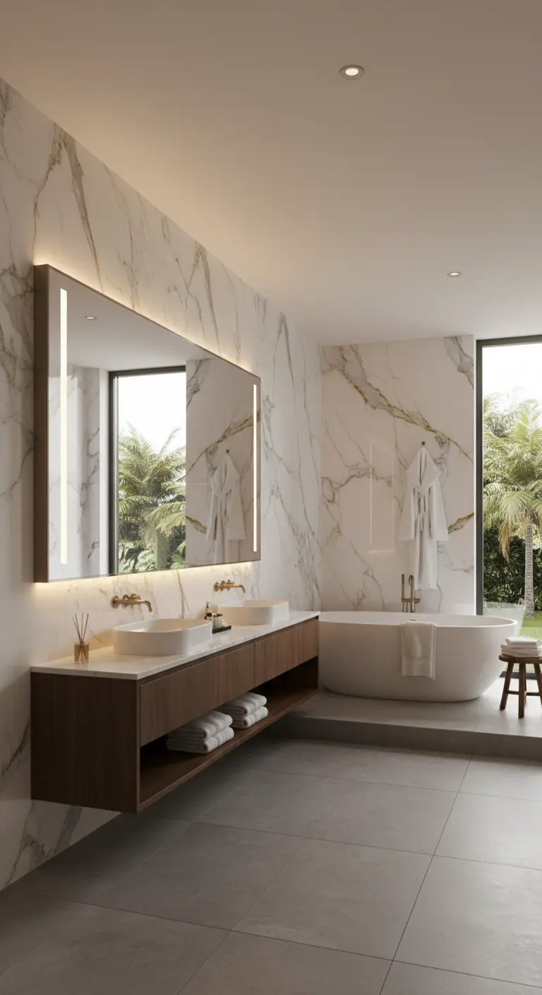 Baño de lujo con paredes de mármol, espejo grande con luces LED verticales y bañera exenta.