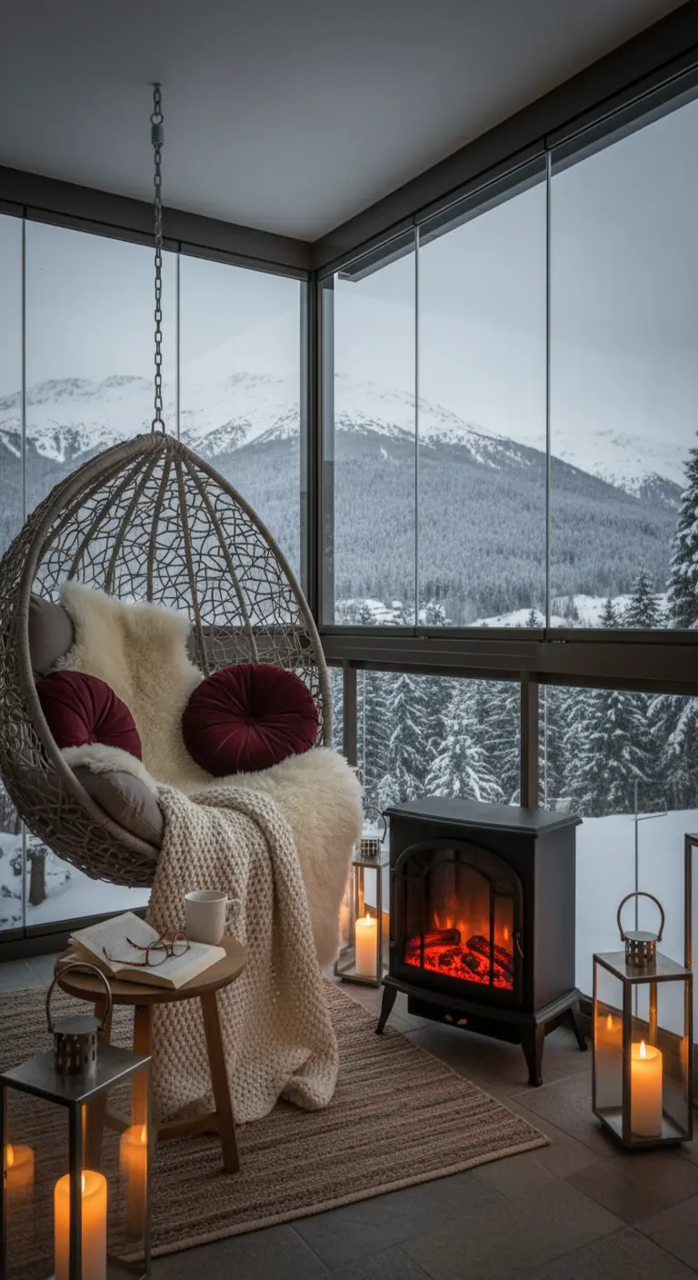 Sillón colgante en un balcón acristalado con vistas a la nieve, una estufa y mantas de lana