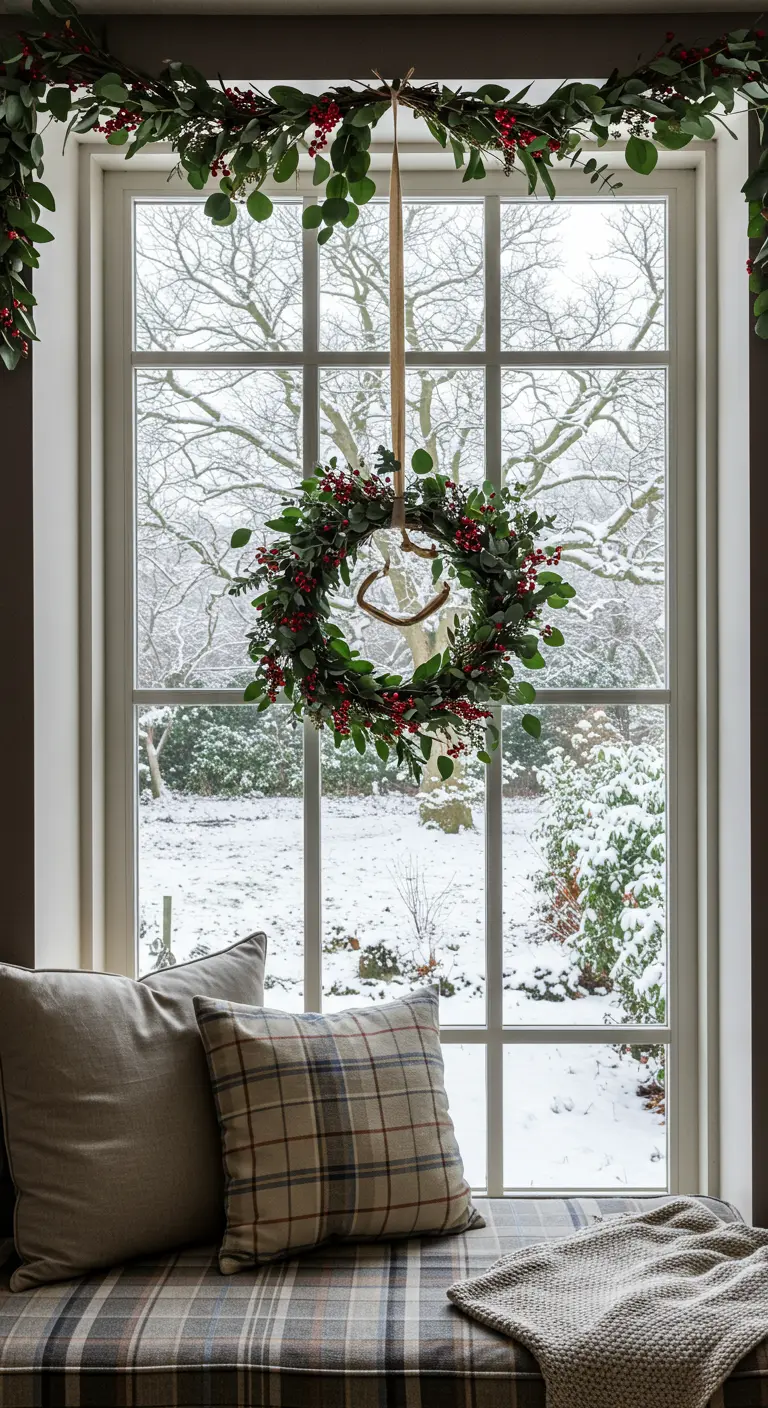 Corona de eucalipto colgando de una cinta en una ventana con vistas a un paisaje nevado.