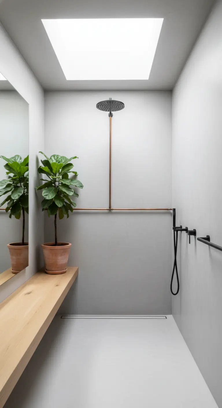 Ducha minimalista con paredes grises y tuberías de cobre a la vista.