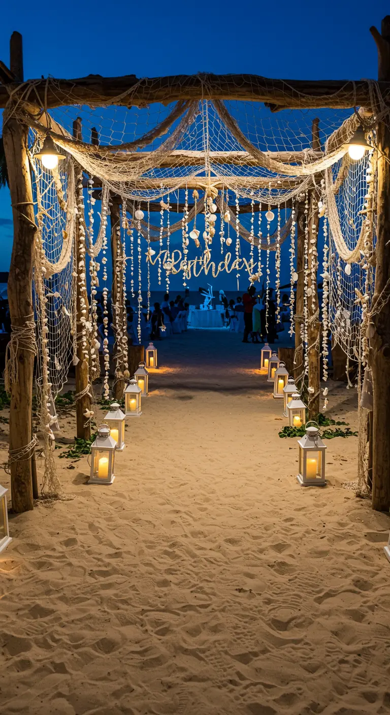 Pasillo de entrada en la playa hecho con postes, redes y guirnaldas de conchas.