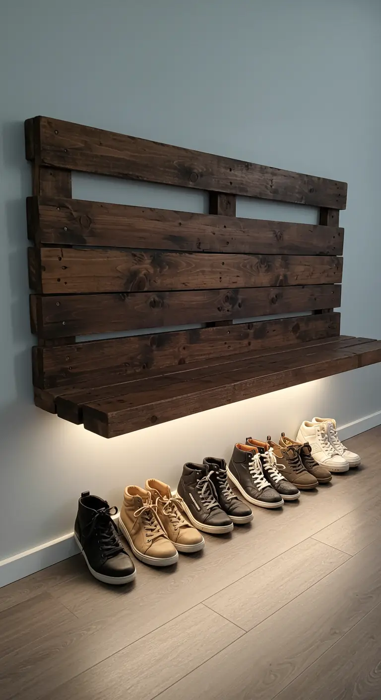 Estante flotante para zapatos hecho con madera de palet oscura e iluminación LED inferior.