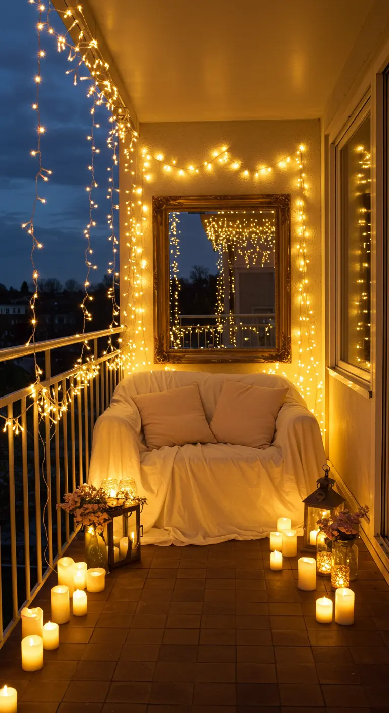 Balcón de noche iluminado por una cascada de luces de hadas que se reflejan en un gran espejo dorado