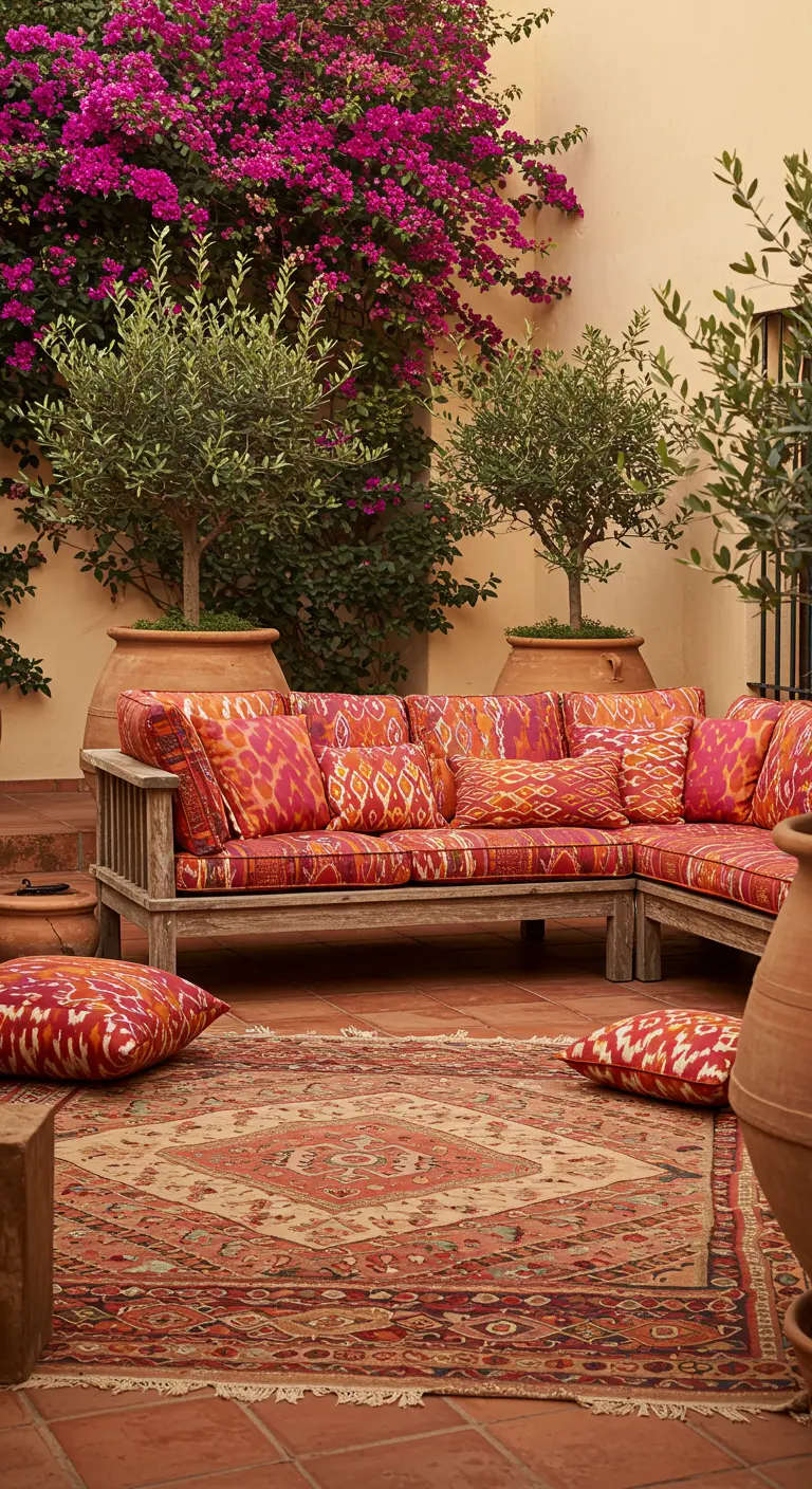 Patio bohemio con sofá de madera, cojines naranjas y rojos, y alfombra persa en suelo de terracota