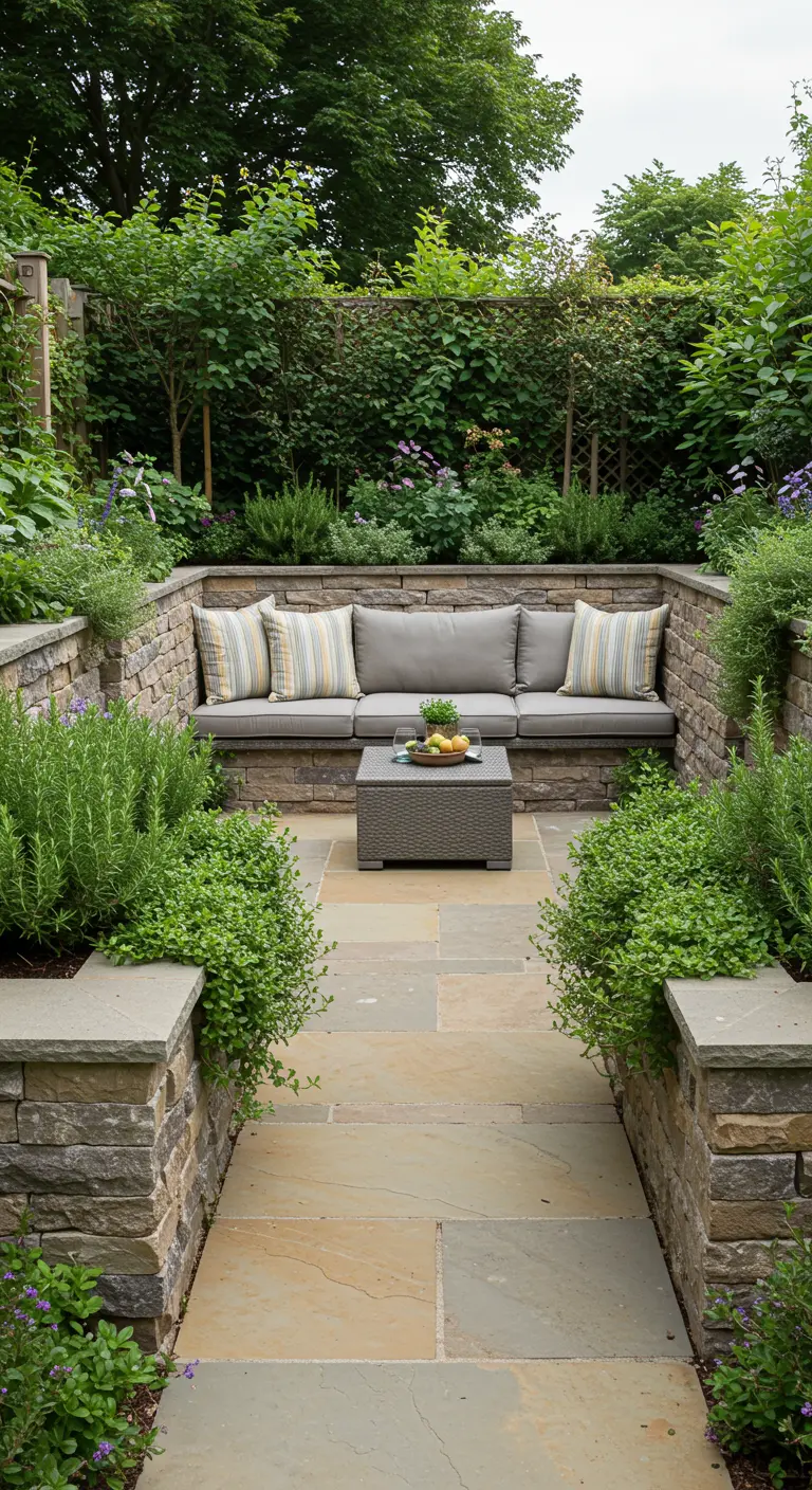 Zona de descanso hundida con paredes de piedra que sirven de jardineras para hierbas aromáticas.