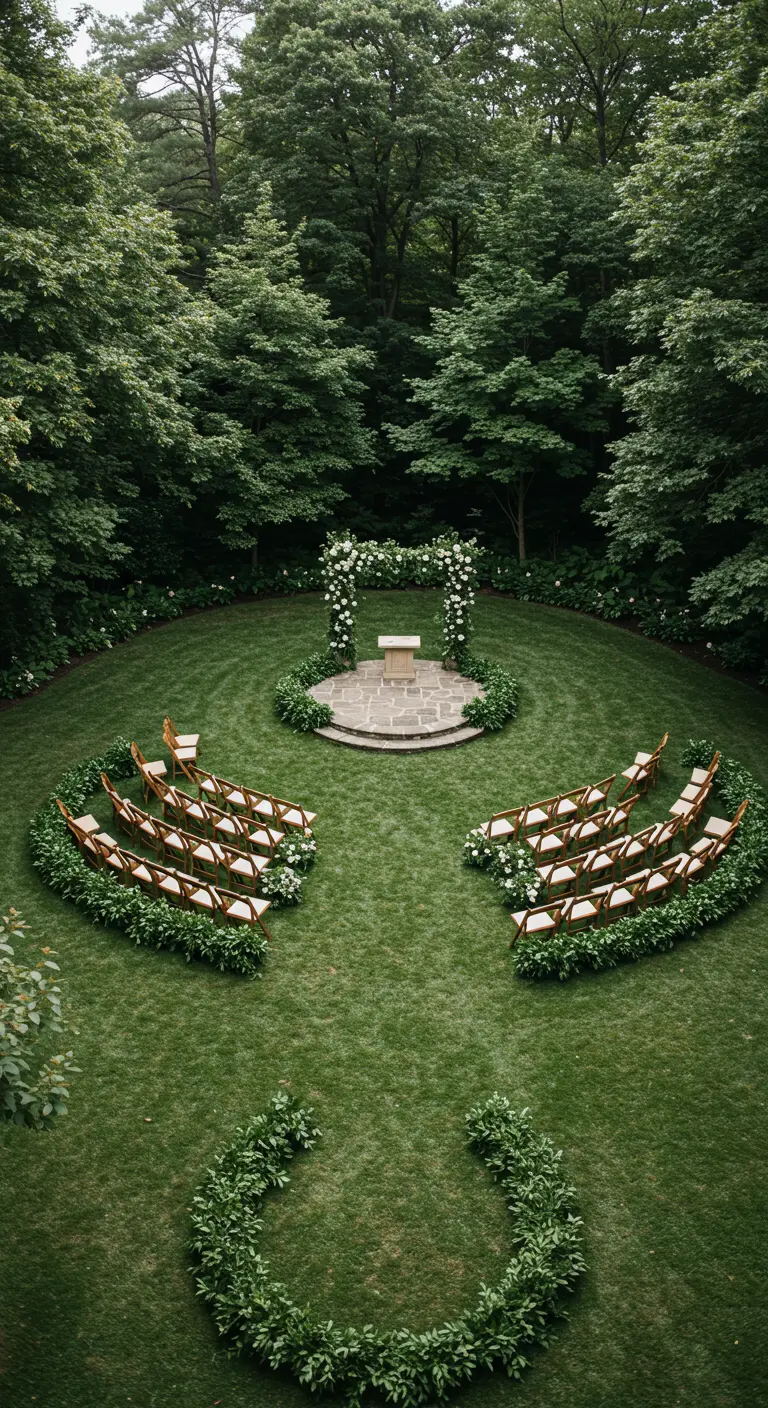Ceremonia de boda al aire libre con sillas dispuestas en curva y rodeadas de guirnaldas verdes.