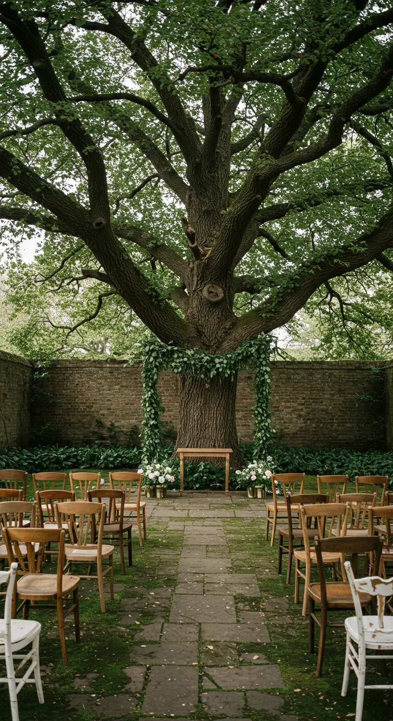 Altar de boda cuadrado con guirnaldas de hojas verdes frente a un gran árbol antiguo.